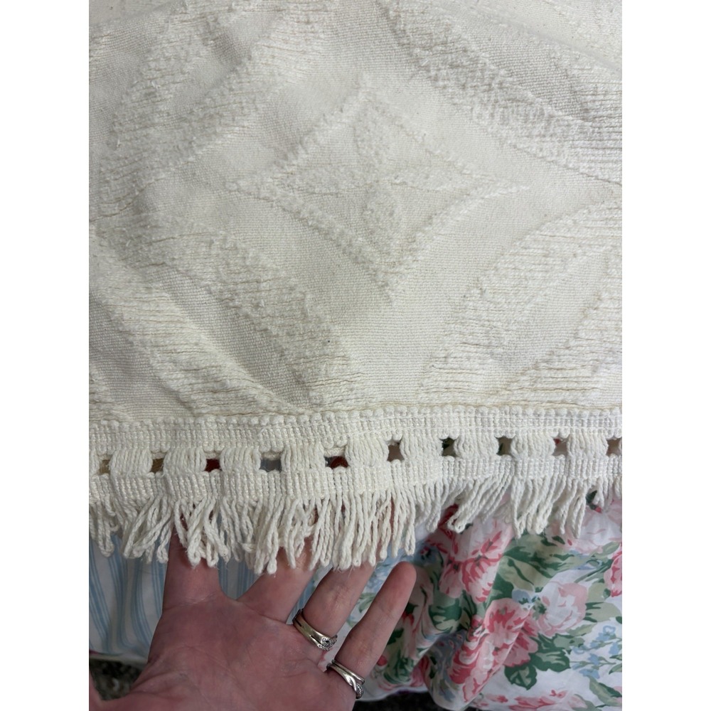 Vtg. KING Bedspread Crown Crafts WOVEN Ivory Cotton 112"x108" Chenille Wedding - Picture 8 of 9